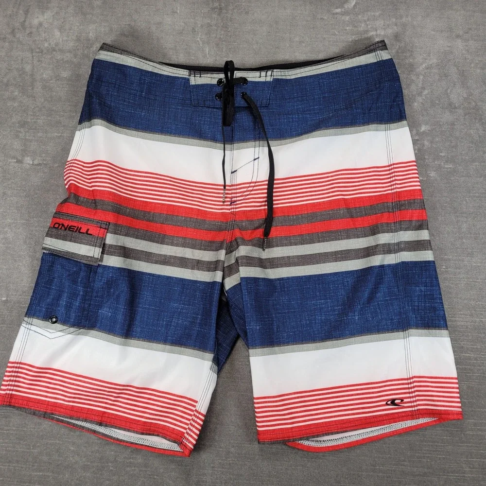 ONeill‎ Mens Blue Red White Striped Board Shorts Swim Trunks Size 32